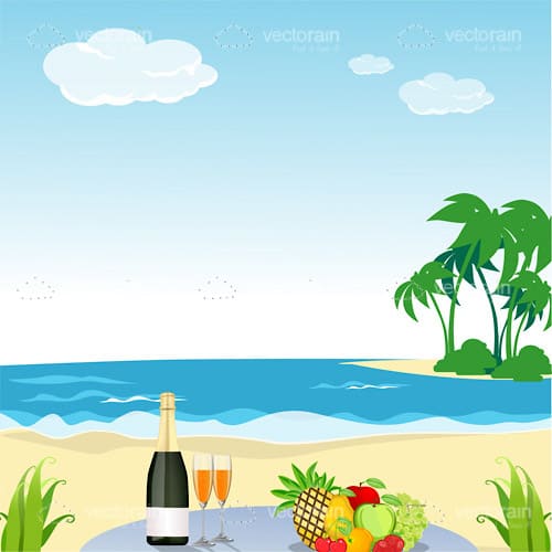 Beach Scene with Champagne and Fruit Plate